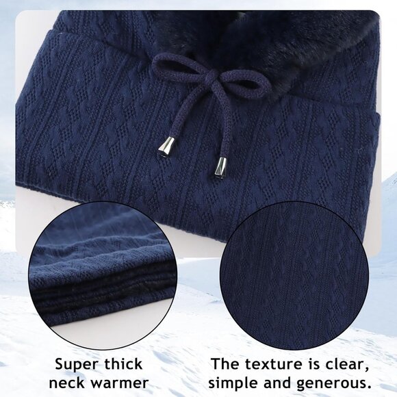 Women DarkbluePolyester Warm Thick Fluff Beanie Adult Neck Face Winter Balaclava - Picture 6 of 7